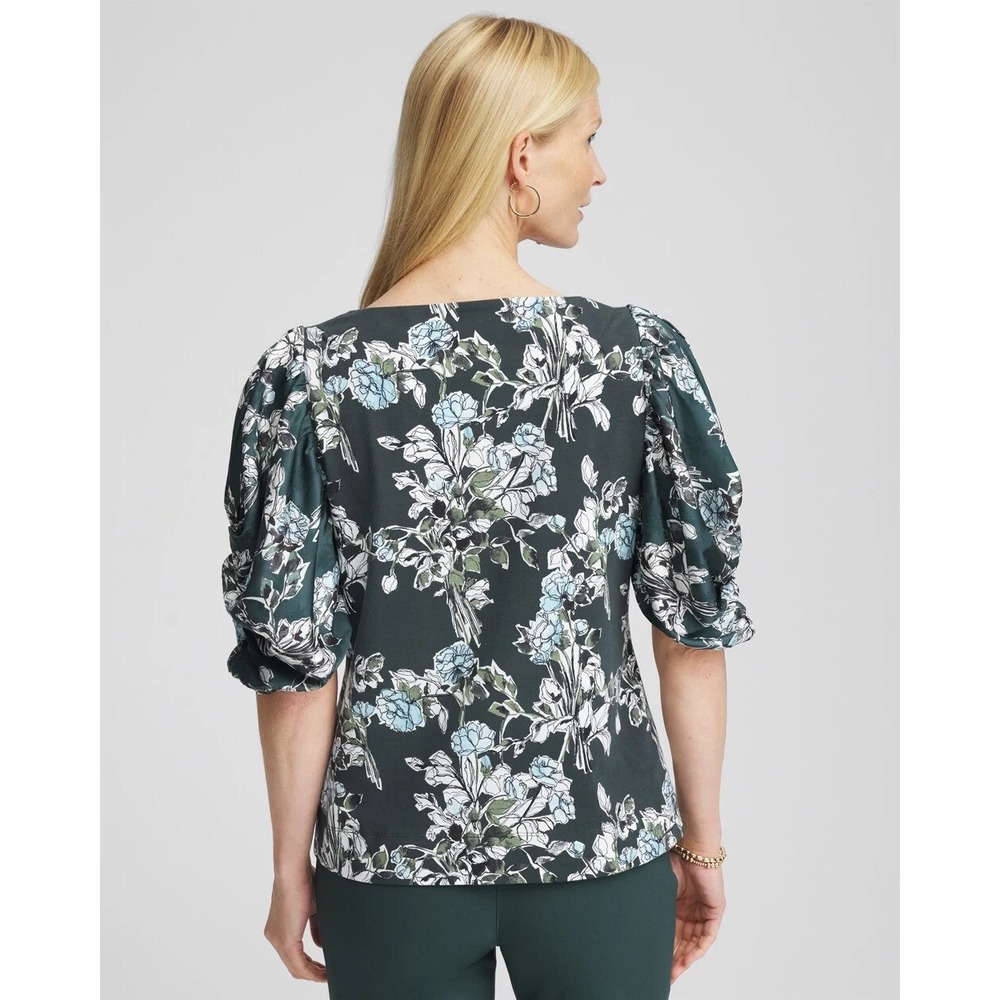 Chico's Sz 4 Crewneck Bubble Sleeve Top Womens XXL Green Floral Satin Botanical